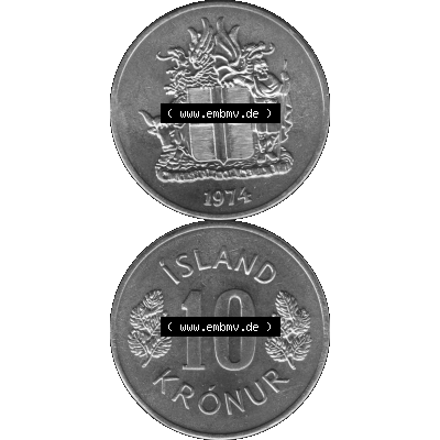 Alte Münze Island Umlaufmünze 1967-1980, 10 Krönur, Zehn Kronen 1974-01 Graustufen. Vorderseite und Rückseite in Graustufen der Münze aus Island, vertikal... Sammlung