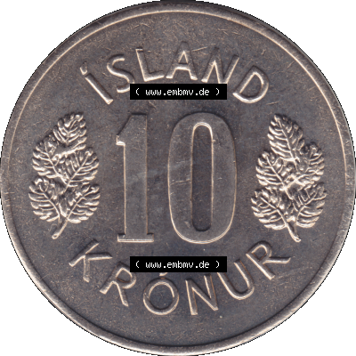 Alte Münze Island Umlaufmünze 1967-1980, 10 Krönur, Zehn Kronen 1974-01. Rückseite der alten Münze, Umlaufmünze aus Island, Münze zum katalogisieren... Sammlung
