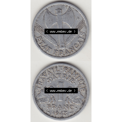 Münze Frankreich Umlaufmünzen Sammlung in PNG 1942-1944, 1 Franken - Francs 1943-1 (4) - Digitales Münzen-Bildmaterial einer französischen Francs Münze aus Frankreich... Sammlung