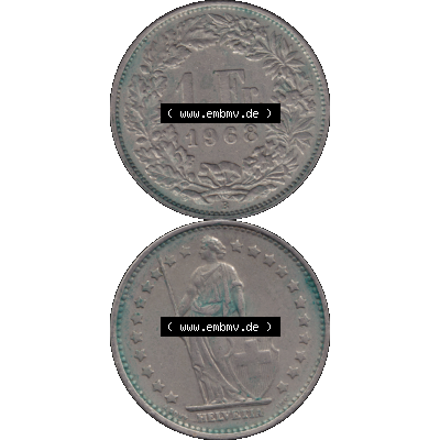 Alte Münze Schweiz in original Farbgebung vom Scanner transparenten PNG 1968-1982, 1 Franken B 1968-04 (16). Digitales Münzen-Bildmaterial der 1/Ein Franken Münze... Sammlung