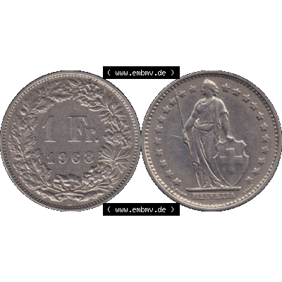 Alte Münze Schweiz in original Farbgebung vom Scanner transparenten PNG 1968-1982, 1 Franken B 1968-02 (15). Digitales Münzen-Bildmaterial der 1/Ein Franken Münze... Sammlung