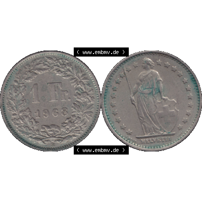 Alte Münze Schweiz in original Farbgebung vom Scanner transparenten PNG 1968-1982, 1 Franken B 1968-04 (15). Digitales Münzen-Bildmaterial der 1/Ein Franken Münze... Sammlung