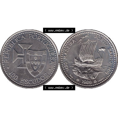 Alte Gedenkmünze aus Portugal als PNG-Grafik 1989, 100 Escudos, 1420 Madeira Porto Santo 1419. Vorderseite und Rückseite auf einen Bild/Foto der portugiesischen Gedenkmünze... Sammlung