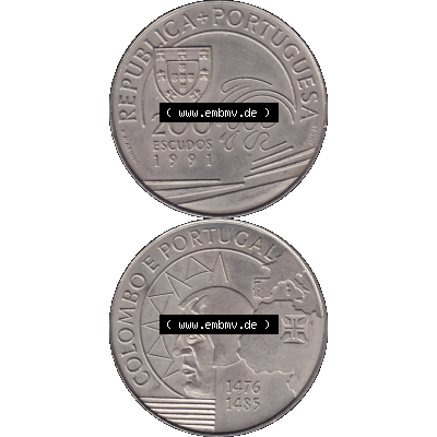 Alte Gedenkmünze aus Portugal als PNG-Grafik 1991, 200 Escudos, Colombo E Portugal 1476-1485. Vorderseite und Rückseite vertikal - untereinander auf einen Bild/Foto zusammengefügt... Sammlung