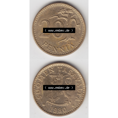 Münze Finnland / SUOMI Umlaufmünzen Sammlung in PNG 1963-1990, 20 Penniä 1980 (4) - Digital Münzen-Bildmaterial einer Münze aus Finnland in farbige mit einen... Sammlung