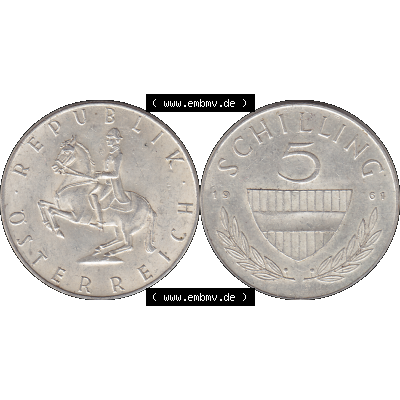 Alte Münze 5 / Fünf Schilling Österreich in original Farbgebung von Scanner transparenten PNG 1960-1968, 5 Fünf Schilling 1961-01, 5,20 Gramm 640er Silber,... Sammlung