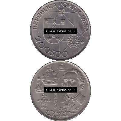 Alte Gedenkmünze aus Portugal als PNG-Grafik 1992, 200 Escudos, America 1492, Novomundo, Xpo Perens. Vorderseite und Rückseite vertikal - untereinander auf einen... Sammlung