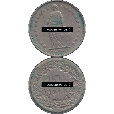 Alte Münze Schweiz in original Farbgebung vom Scanner transparenten PNG 1968-1982, 1 Franken B 1968-04. Vorderseite und Rückseite der Münze Umlaufmünze / Kursmünze... Sammlung