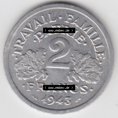 Münze Frankreich Umlaufmünzen Sammlung in PNG 1943-1944, 2 Francs, Franken 1943 (1) - Digitales Münzen-Bildmaterial einer französischen Francs Münze aus Frankreich... Sammlung