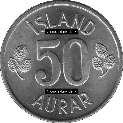 Alte Münze Island Umlaufmünze 1969-1974, 50 Aurar 1974-01, 50 Isländische Aurar Graustufen. Rückseite der Umlaufmünze in Graustufen Münze aus Island auf... Sammlung