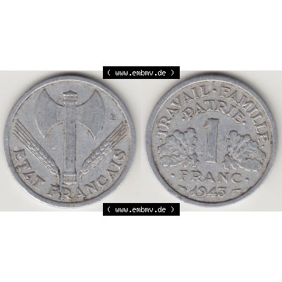 Münze Frankreich Umlaufmünzen Sammlung in PNG 1942-1944, 1 Franken - Francs 1943-2 (3) - Digitales Münzen-Bildmaterial einer französischen Francs Münze aus Frankreich... Sammlung