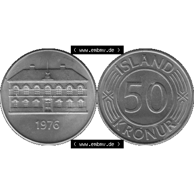 Alte Münze Island Umlaufmünze 1970-1980, 50 Krönur, Fünfzig Kronen 1976-01 Graustufen. Vorderseite und Rückseite der Münze / Kursmünze aus Island,... Sammlung