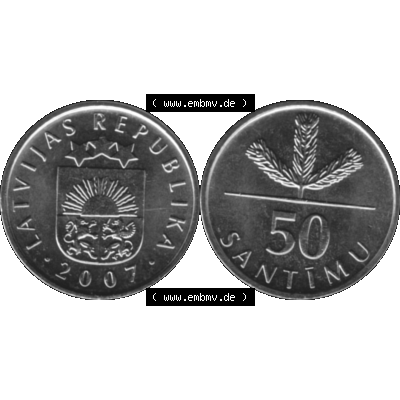 Alte Münze Lettland Umlaufmünze 1992-2009, 50 Santimu 2007-01, VS Staatswappen, RS. Wert-Zahl Graustufen. Vorderseite und Rückseite der lettischen Münze... Sammlung