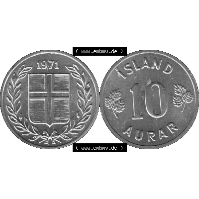 Alte Münze Island Umlaufmünze 1970-1974, 10 Aurar 1974-01, 10 Isländische Aurar Graustufen. Vorderseite und Rückseite der Münze / Kursmünze aus Island,... Sammlung
