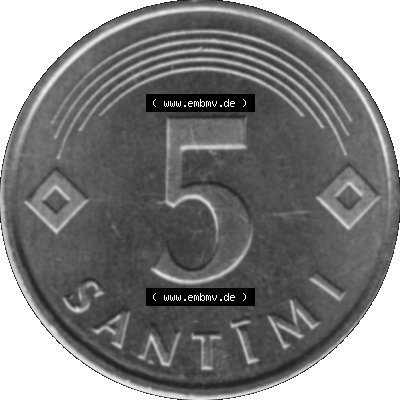 Alte Münze Lettland Umlaufmünze 1992-2009, 5 Santimi 1992-01, VS Staatswappen, RS. Wert-Zahl Graustufen. Rückseite mit Motiv der Umlaufmünze in Graustufen... Sammlung