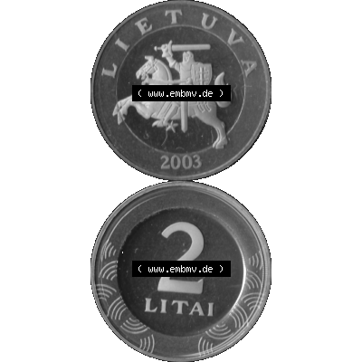 Alte Münze Litauen Kursmünzensatz 1998-2014, 2 Litai 2003-01 Graustufen. Vorderseite und Rückseite in Graustufen der litauischen KMS-Münze 2003, vertikal auf einen... Sammlung