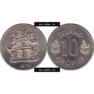 Alte Münze Island Umlaufmünze 1967-1980, 10 Krönur, Zehn Kronen 1974-01. Vorderseite und Rückseite der Münze aus Island horizontal auf einen digitalen Bild der... Sammlung