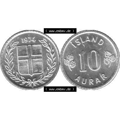 Alte Münze Island Umlaufmünze 1970-1974, 10 Aurar, Zehn Aura 1974-01 Graustufen. Vorderseite und Rückseite der Münze / Kursmünze aus Island, vertikal... Sammlung