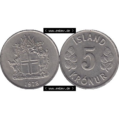 Alte Münze Island Umlaufmünze 1969-1980, 5 Kronur, Kronen 1978-01. Vorderseite und Rückseite der Münze aus Island horizontal auf einen digitalen Bild der alten isländischen... Sammlung