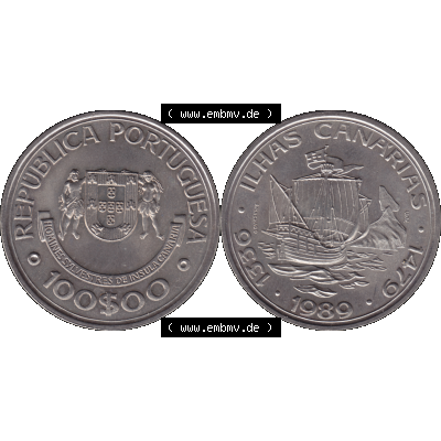 Alte Gedenkmünze aus Portugal als PNG-Grafik 1989, 100 Escudos, Ilhas Canarias. Vorderseite und Rückseite auf einen Bild/Foto der portugiesischen Gedenkmünze aus Portugal... Sammlung