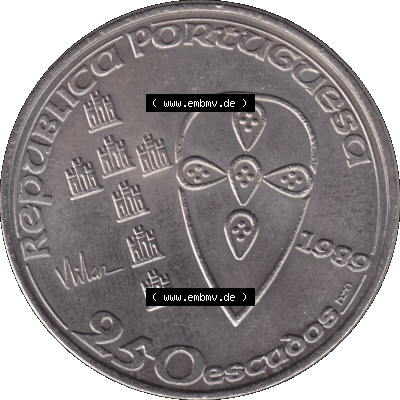 Alte Gedenkmünze aus Portugal als PNG-Grafik 1989, 250 Escudos, Batalha de Ourique, Schlacht von Ourique. Vorderseite der 250 Escudo Gedenkmünze aus Portugal vor Einführung... Sammlung