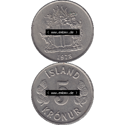 Alte Münze Island Umlaufmünze 1969-1980, 5 Kronur, Kronen 1978-01. Vorderseite und Rückseite der Münze, Umlaufmünze / Kursmünze Island vertikal... Sammlung