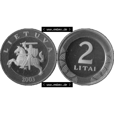 Alte Münze Litauen Kursmünzensatz 1998-2014, 2 Litai 2003-01 Graustufen. Vorderseite und Rückseite der Münze / Kursmünze aus Münzensatz / KMS 2003,... Sammlung