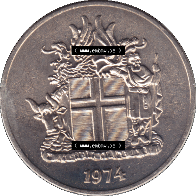 Alte Münze Island Umlaufmünze 1967-1980, 10 Krönur, Zehn Kronen 1974-01. Vorderseite der isländischen Münze. Umlaufmünze aus Island, zum katalogisieren... Sammlung