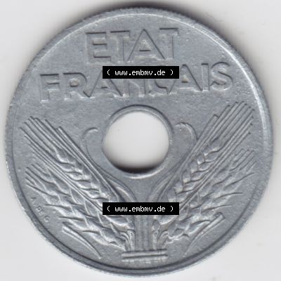 Münze Frankreich Umlaufmünzen Sammlung in PNG 1941-1944, 20 Centimes, Cent 1943 (2) - Digitales Münzen-Bildmaterial einer französischen Francs Münze aus Frankreich... Sammlung