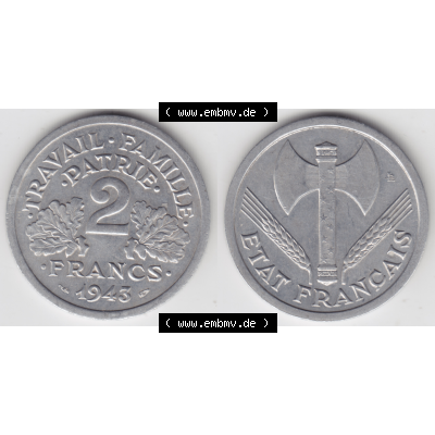 Münze Frankreich Umlaufmünzen Sammlung in PNG 1943-1944, 2 Francs, Franken 1943 (3) - Digitales Münzen-Bildmaterial einer französischen Francs Münze aus Frankreich... Sammlung