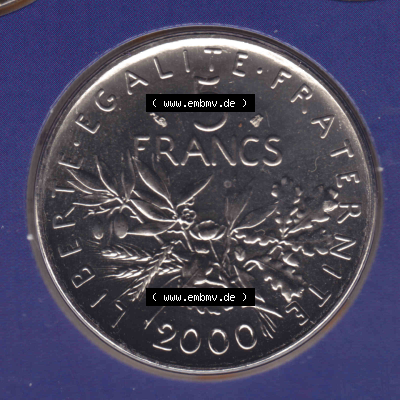 Münze Frankreich aus KMS Umlaufmünzen Sammlung in PNG 2000, 5 Francs (1) - Digitales Münzen-Bildmaterial einer französischen Francs Münze aus Frankreich aus KMS... Sammlung