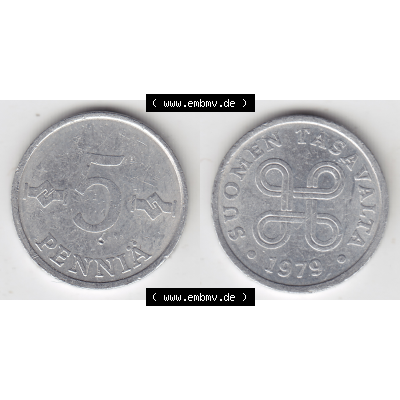 Münze Finnland / SUOMI Umlaufmünzen Sammlung in PNG 1977-1990, 5 Penniä 1979 (3) - Digital Münzen-Bildmaterial einer Münze aus Finnland in farbige mit einen... Sammlung