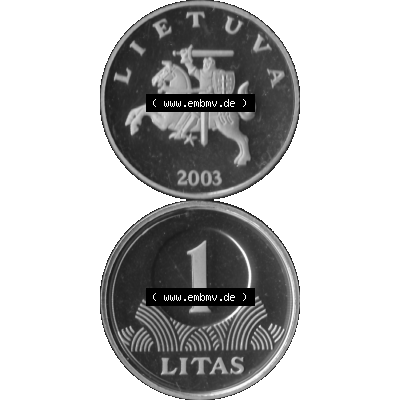 Alte Münze Litauen Kursmünzensatz 1997-2014, 1 Litas 2003-01 Graustufen. Vorderseite und Rückseite in Graustufen der litauischen KMS-Münze 2003, vertikal auf einen... Sammlung