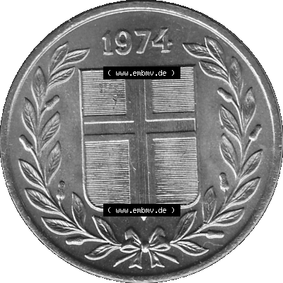Alte Münze Island Umlaufmünze 1969-1974, 50 Aurar 1974-01, 50 Isländische Aurar Graustufen. Vorderseite in Graustufen der Münze aus Island auf einen digitalen PNG-Bild... Sammlung