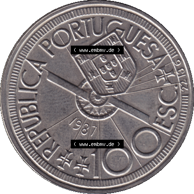 Alte Gedenkmünze aus Portugal als PNG-Grafik 1987, 100 Escudos, Diogo Cao 1486. Vorderseite der Gedenkmünze aus Portugal zum katalogisieren im Münzen-Katalog und der Verwaltung... Sammlung