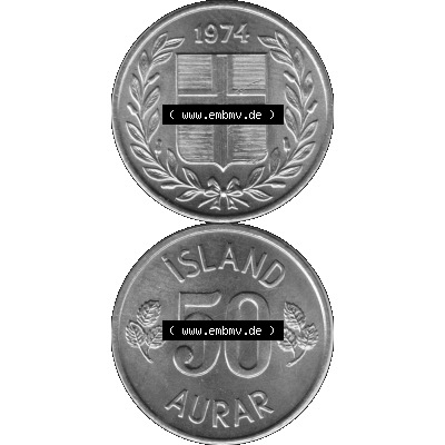 Alte Münze Island Umlaufmünze 1969-1974, 50 Aurar, Fünfzig Aura 1974-01 Graustufen. Vorderseite und Rückseite in Graustufen der Münze aus Island, vertikal... Sammlung