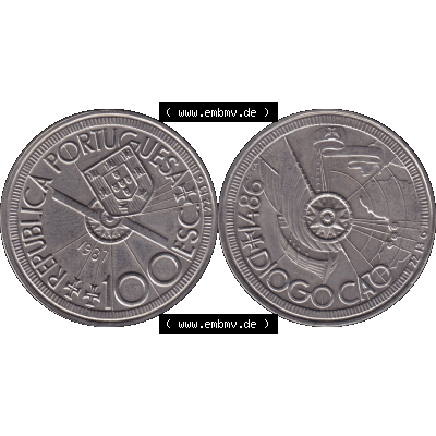 Alte Gedenkmünze aus Portugal als PNG-Grafik 1987, 100 Escudos, Diogo Cao 1486. Vorderseite und Rückseite auf einen Bild/Foto der portugiesischen Gedenkmünze aus Portugal... Sammlung