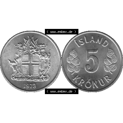 Alte Münze Island Umlaufmünze 1969-1980, 5 Kronur, Fünf Kronen 1973-01 Graustufen. Vorderseite und Rückseite der Münze / Kursmünze aus Island,... Sammlung