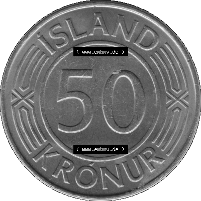 Alte Münze Island Umlaufmünze 1970-1980, 50 Krönur, Fünfzig Kronen 1976-01 Graustufen. Rückseite der Umlaufmünze in Graustufen Münze aus Island auf... Sammlung