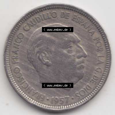 Münze Spanien / España Umlaufmünzen Sammlung in PNG 1957-1957, 5 Peseten (2) - Digitales Münzen-Bildmaterial einer spanischen Münze aus Spanien in farbige... Sammlung