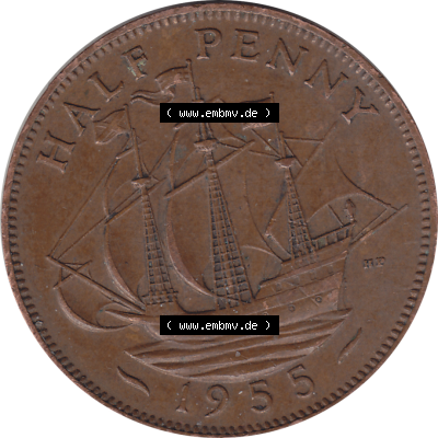 Münzen Großbritannien Umlaufmünzen Sammlung in PNG 1954-1970, Half Penny, Halber Pence 1955-01, Elisabeth II. (6) - Digitales Münzen-Bildmaterial... Sammlung