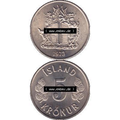 Alte Münze Island Umlaufmünze 1969-1980, 5 Kronur, Fünf Kronen 1973-01. Vorderseite und Rückseite der Münze, Umlaufmünze / Kursmünze Island... Sammlung
