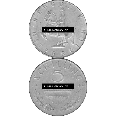Alte Münze 5 / Fünf Schilling Österreich in s/w Schwarzweiß bzw. Graustufen Farbgebung von Scanner transparenten PNG 1960-1968, 5 Fünf Schilling 1964-01,... Sammlung