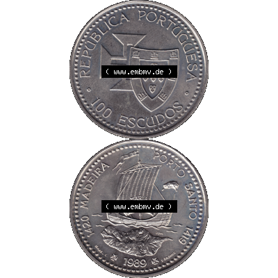Alte Gedenkmünze aus Portugal als PNG-Grafik 1989, 100 Escudos, 1420 Madeira Porto Santo 1419. Vorderseite und Rückseite vertikal - untereinander auf einen Bild/Foto zusammengefügt... Sammlung