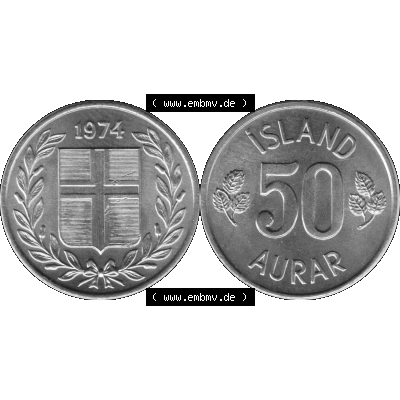 Alte Münze Island Umlaufmünze 1969-1974, 50 Aurar, Fünfzig Aura 1974-01 Graustufen. Vorderseite und Rückseite der Münze / Kursmünze aus Island,... Sammlung