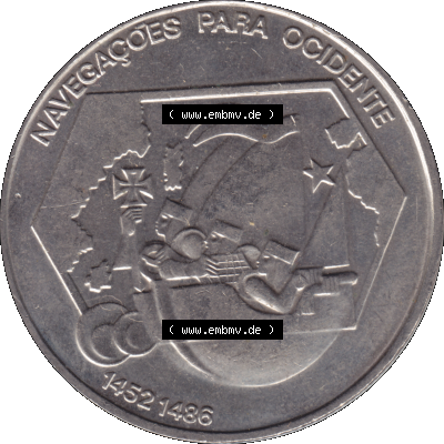 Alte Gedenkmünze aus Portugal als PNG-Grafik 1992, 200 Escudos, Navegagoes Para Ocidente 1452-1486. Rückseite der portugiesischen 200 Escudos Gedenkmünze aus Portugal... Sammlung