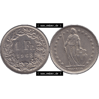 Alte Münze Schweiz in original Farbgebung vom Scanner transparenten PNG 1968-1982, 1 Franken B 1968-01 (15). Digitales Münzen-Bildmaterial der 1/Ein Franken Münze... Sammlung