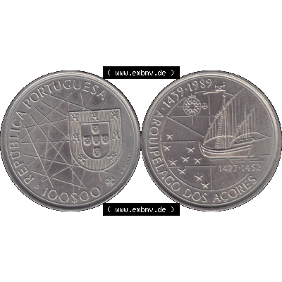 Alte Gedenkmünze aus Portugal als PNG-Grafik 1989, 100 Escudos, Arouipelago Dos Acores, 1439-1989. Vorderseite und Rückseite auf einen Bild/Foto der portugiesischen... Sammlung
