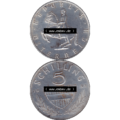 Alte Münze 5 / Fünf Schilling Österreich in original Farbgebung von Scanner transparenten PNG 1960-1968, 5 Fünf Schilling 1967-01, 5,20 Gramm 640er Silber,... Sammlung