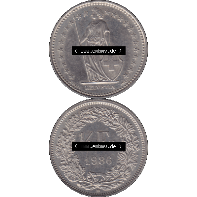 Alte Münze Schweiz in original Farbgebung vom Scanner transparenten PNG 1983-Heute, 1/2 (halber) Franken B 1986-01. Vorderseite und Rückseite der Münze Umlaufmünze... Sammlung